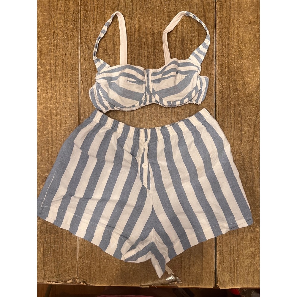 Vintage Frederick's Of Hollywood Blue & White Stripes Bra + Boxer Shorts Sz LG